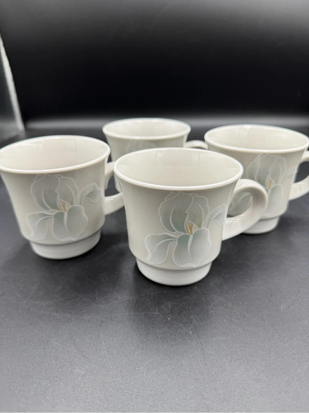 VTG (4) Noritake Fantasia Coffee Mug Cup 8979 Gray Iris Flower Stoneware Japan